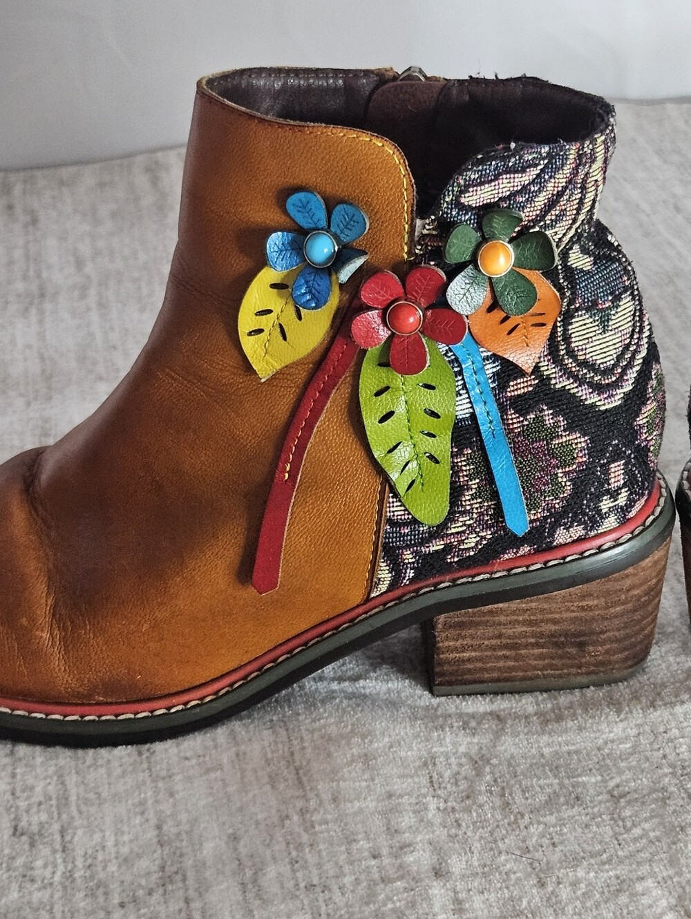 Brown Leather Ankle Boots with Floral Accent